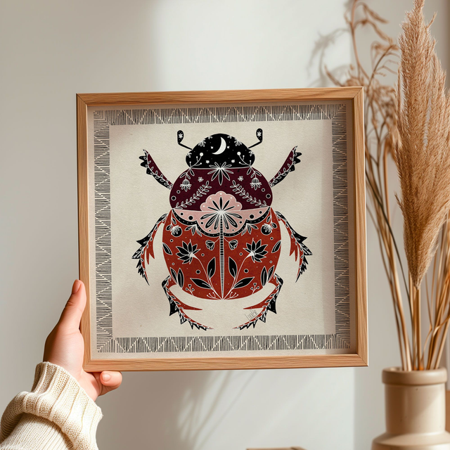 Affiche carrée illustrée 21 cm &quot;Scarabée coloré&quot; | Marron