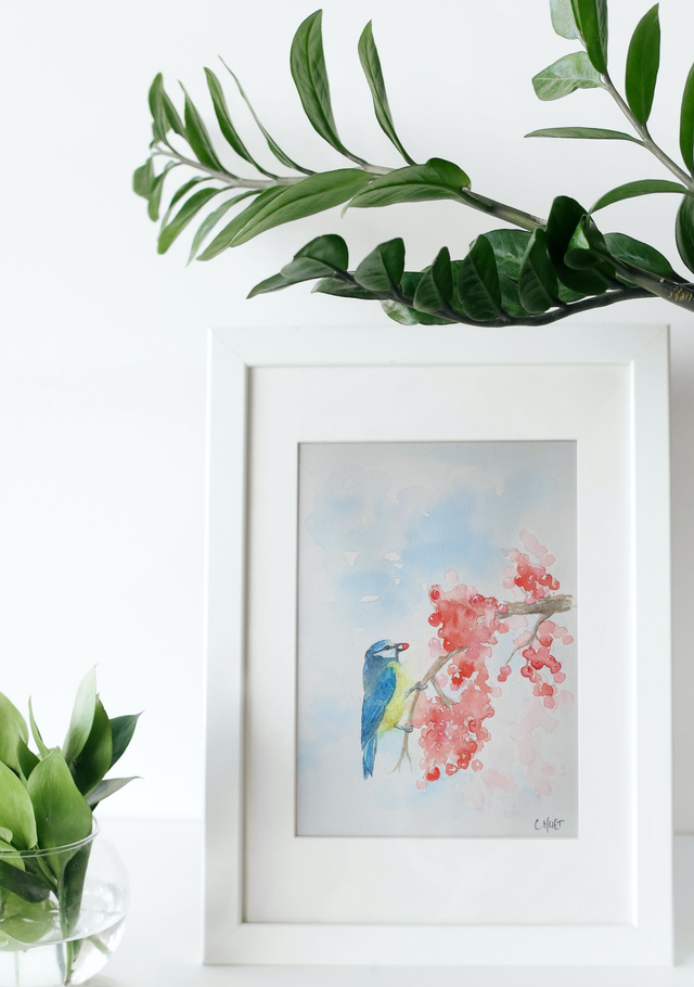 Tableau original à l'aquarelle mésange bleue et baies rouges, A5 environ