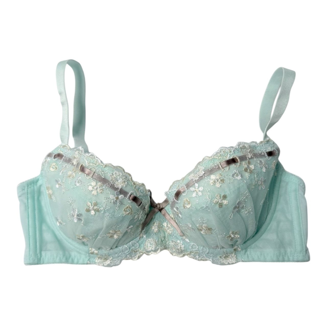 Mint green + brown ribbon embroidered Japanese Bra UK 32B 