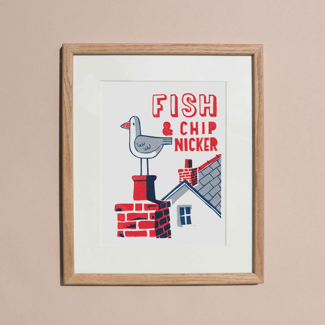 Fish & Chip Nicker Linocut Print - framed