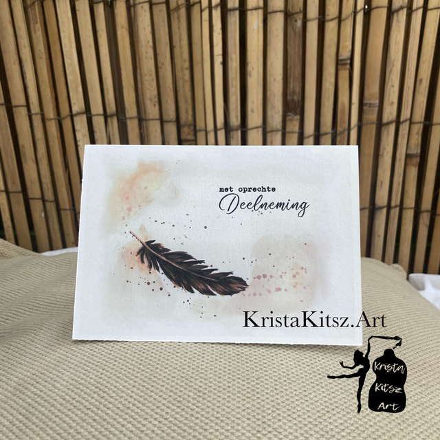 Gevouwen condoleance kaart, Oprechte deelneming , veer aquarel