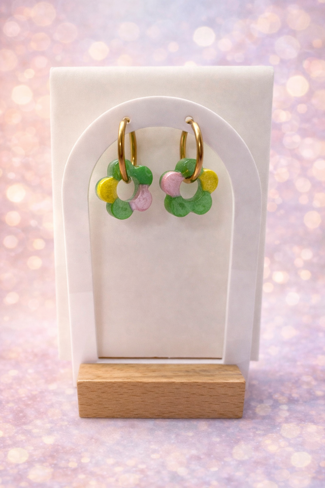 Fleurs, vertes, rose et jaune