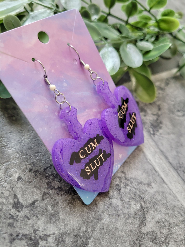 Earrings | CUM SLUT Heart Purple Glitter Paddle Earrings | Stainless Steel Hooks