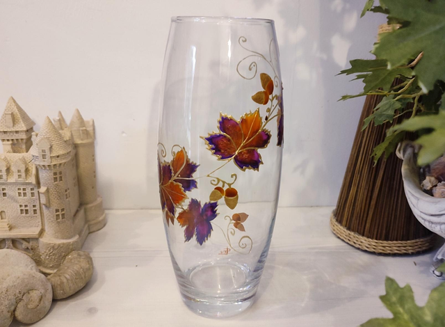 Grand vase original peint à la main, pièce unique - thème des feuilles d'automne 