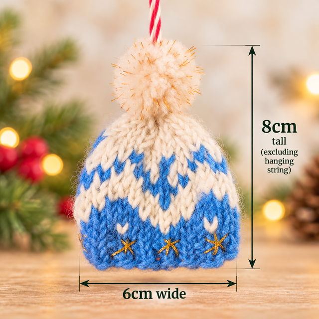 Knitted Christmas Bobble Hat Hanging Decorations – Blue or Red