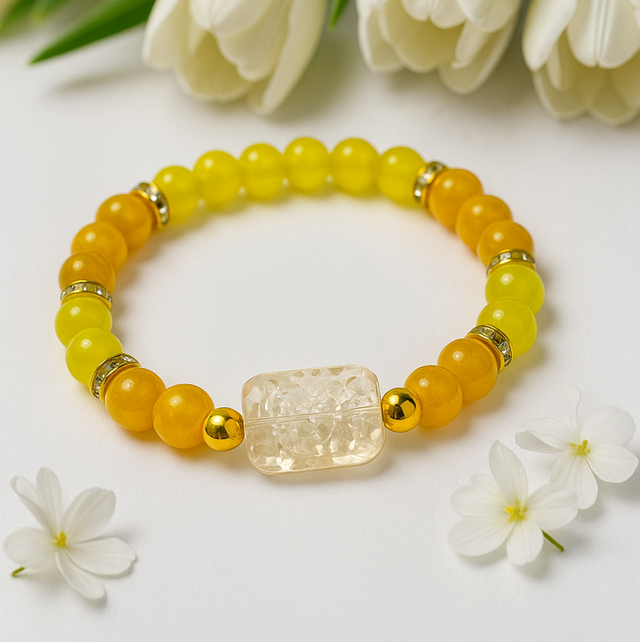 Zonnesteen Sereniteit Armband – Gele Edelstenen &amp; Bergkristal