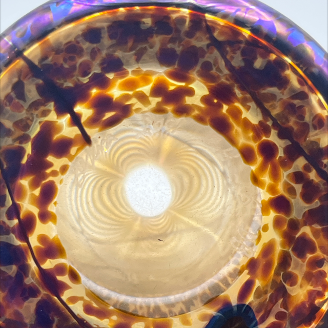 Okra Glass Vase – Signed David Barras 2002, Golden Iridescent with Blue-Purple Spots