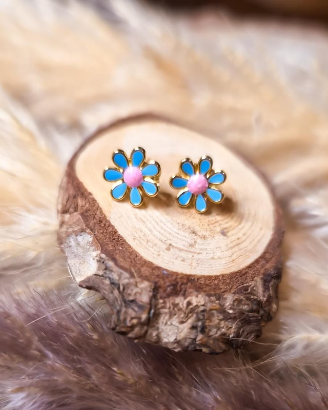 Boucles d'oreilles puces "Marguerites" - Modèle bleu et rose