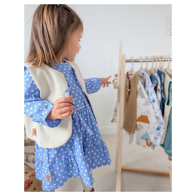 Noël – Ensemble robe + gilet – Tissu coton bleu à pois blanc