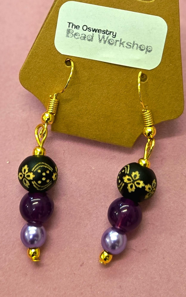 Black Etched Wood and Purple Glass Bead Gold Plated Earrings (Nickel Free) 