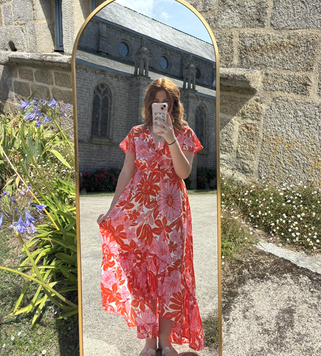 Robe longue fluide fleur orange 
