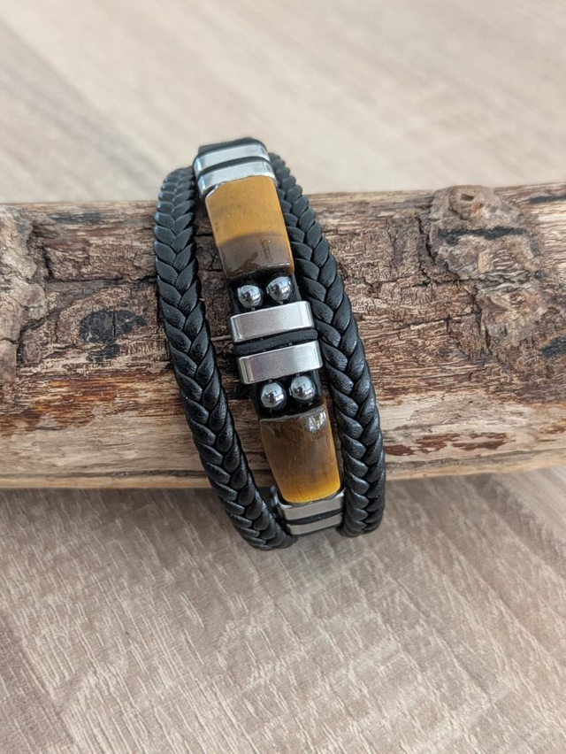 Bracelet double tresse noir oeil de tigre 19 cm