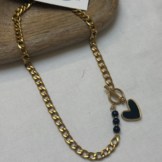 Collier chaine épaisse, thème coeur noir