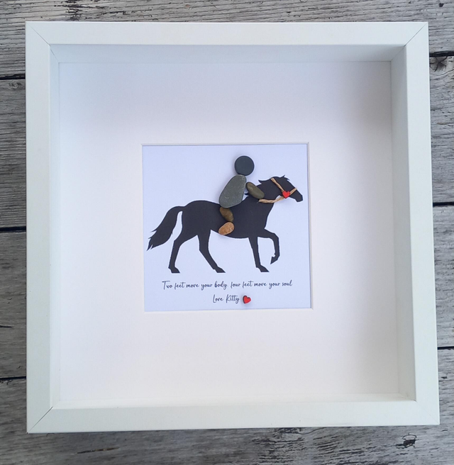 Custom horse and rider pebble picture | Handcrafted personalised gift for horse lovers 