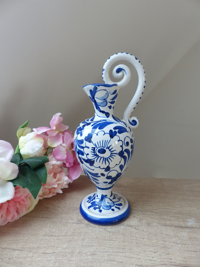 Vintage Huilier Pichet Aiguière Céramique Décor Fleurs Bleues Italie, Carafe Artisanale Poterie, Décoration Table Cuisine Maison de Famille