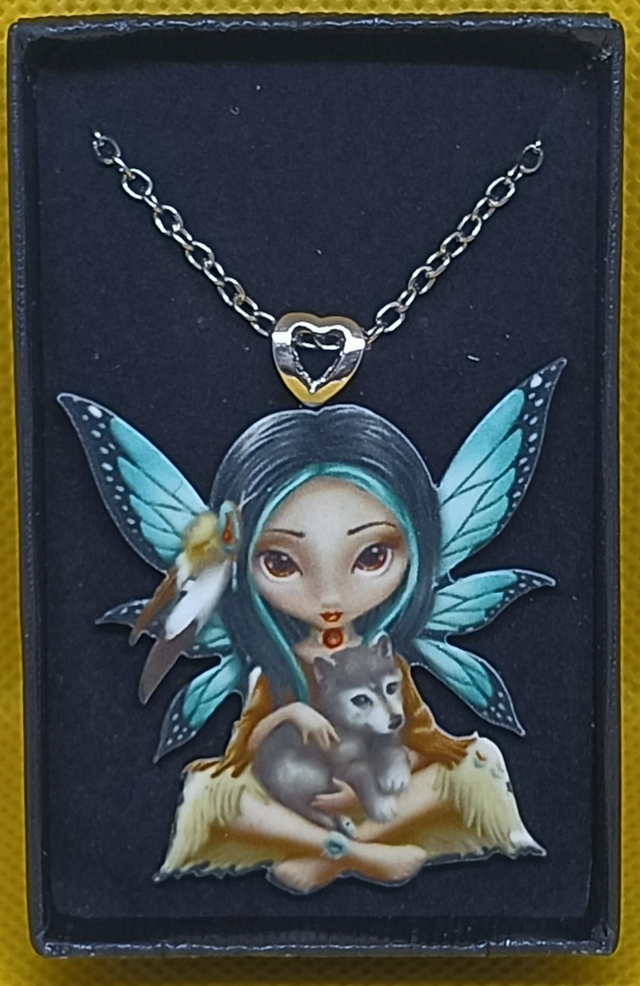Plastic Blue Fairy With Wolf Pendant Necklace 