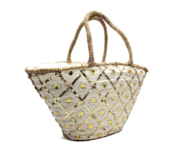 SAC DE PLAGE TISSÉ À LA MAIN RECOUVERT D'UN TISSU DÉCORÉ DE PAILETTES