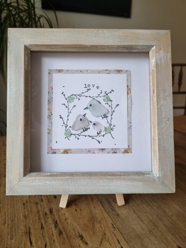 Large framed picture - 3 seaglass birds, 'love'. Frame size 18cm x 18cm.