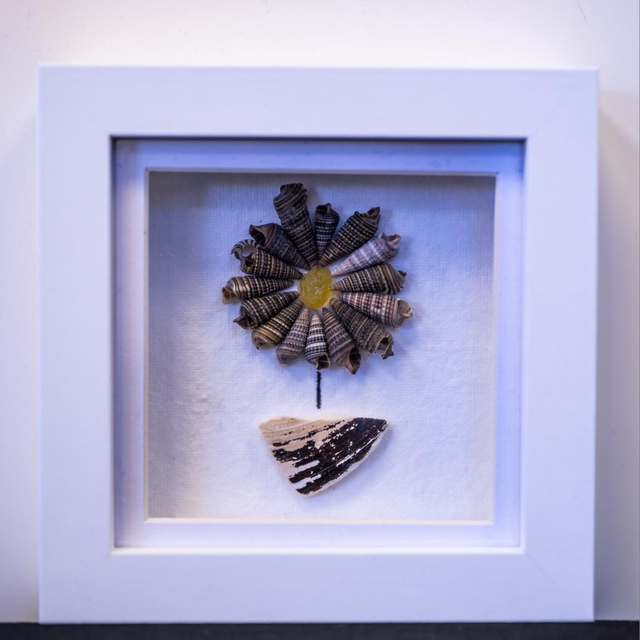 Sea Glass and Shell Flower 10x10cm Framed.