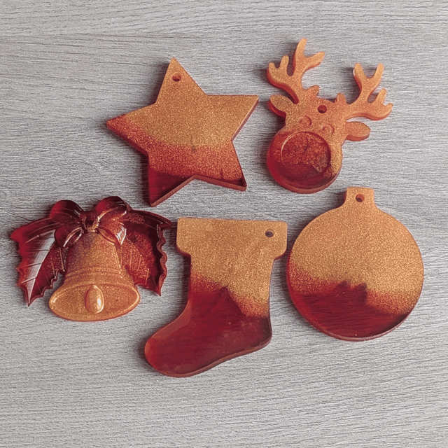 5 Suspensions de Noël en résine époxy personnalisables | couleurs rouge - or
