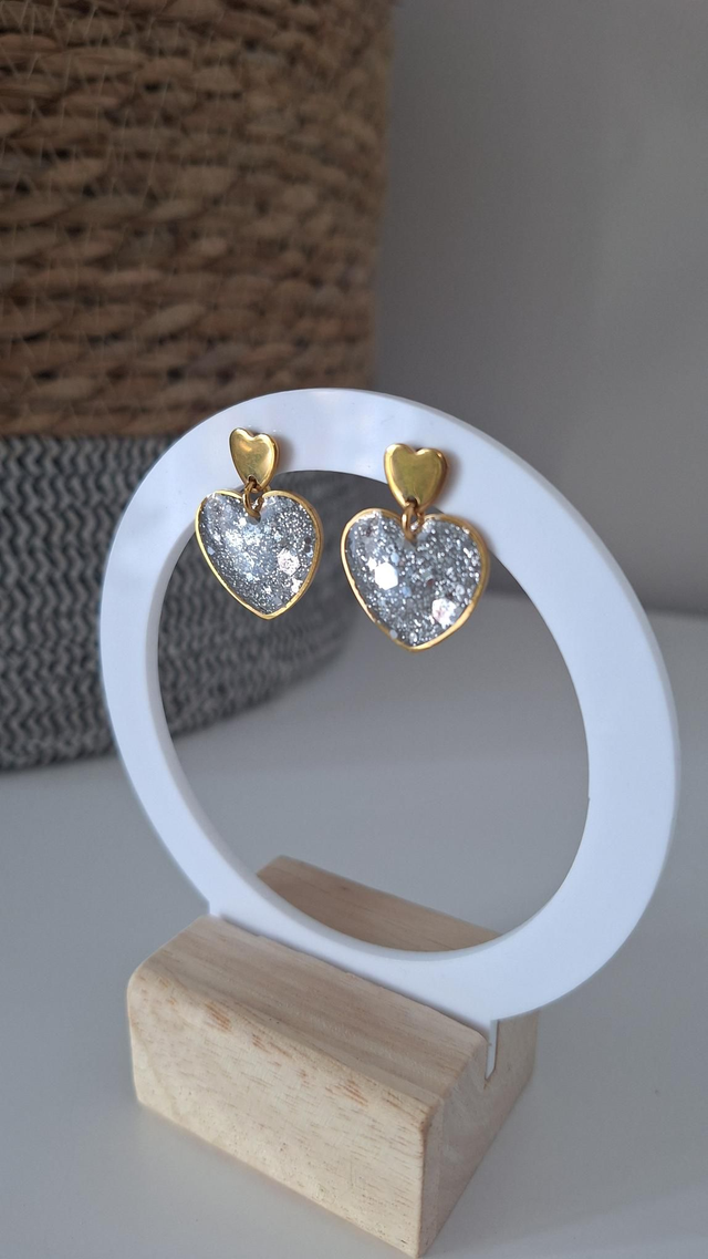 Boucles d'oreilles cœurs doré paillettes argentées