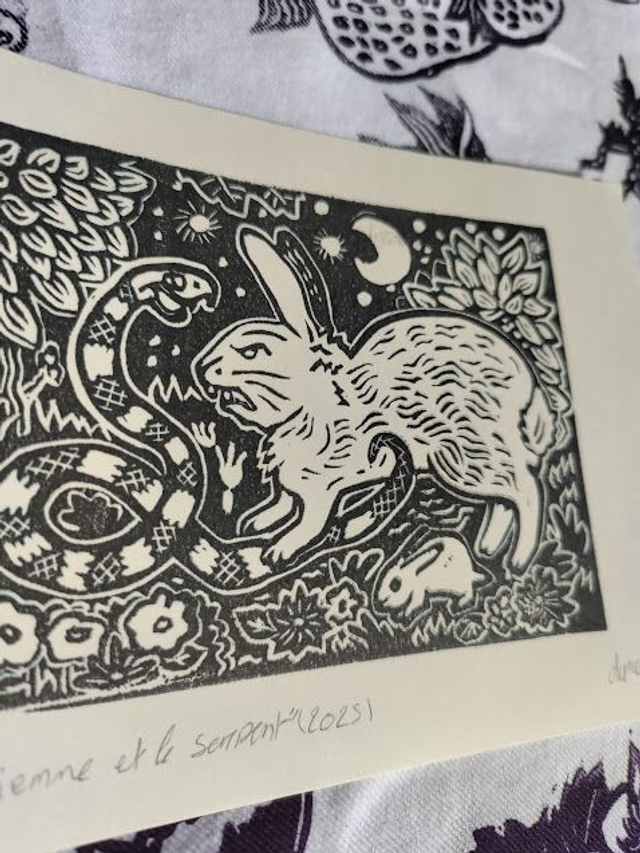 Linogravure/tampon " la gardienne et le serpent" lapins sauvage format 10X14.5 cm