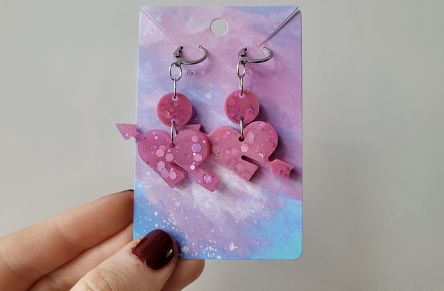 Earrings | Dusty Pink Glitter Heart and Arrow | Stainless Steel Lever back Hoops