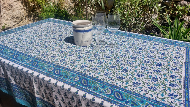 Grande nappe rectangulaire imprimée à la main, coton, motif floral bleu, vert et turquoise