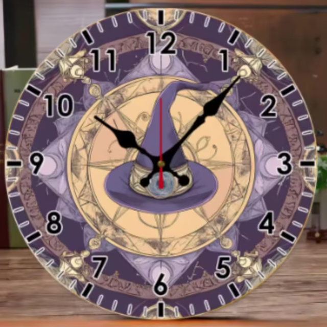 Ronde wandklok van hout Tovenaarshoed paars (25cm)