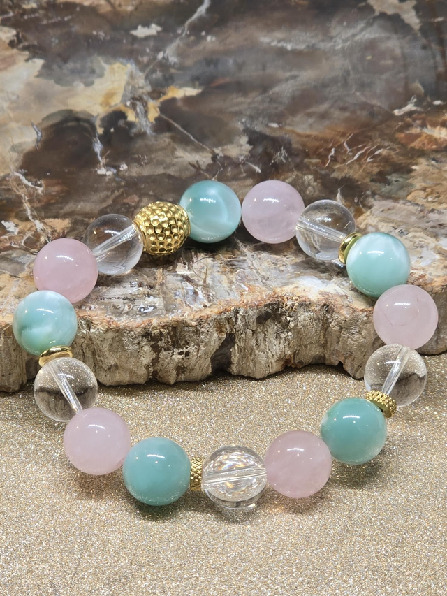 Bracelet Garniérite, Quartz rose, Cristal de roche XL en 1,2 cm