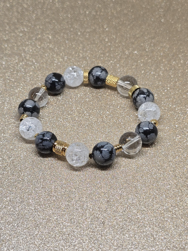 Bracelet Obsidienne flocon et Cristal de roche XL en 1,2 cm 