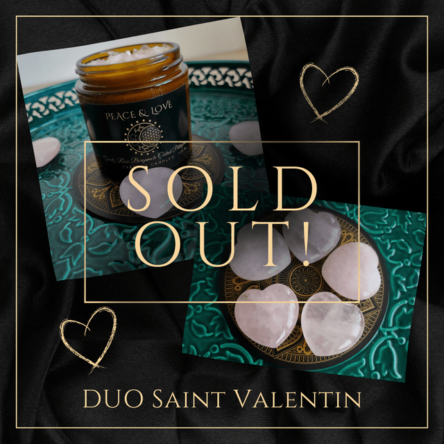 Duo La flamme est déclarée! - Une bougie Peace & Love + Un Cœur de Quartz Rose