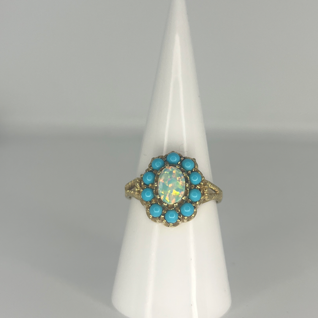 9ct Gold Vintage Opal and Turquoise Cluster Ring - Size P
