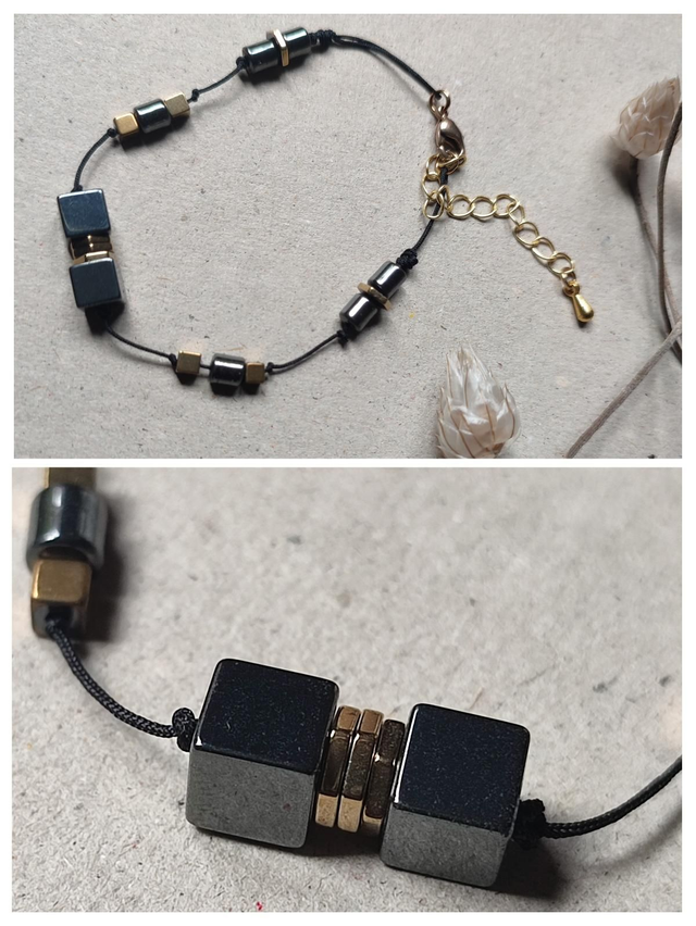 Cube noir en hématite, pierres naturelles et doré, monté sur fil de Jade réglable et résistant, chaîne d&#039;extension en acier inoxydable doré 