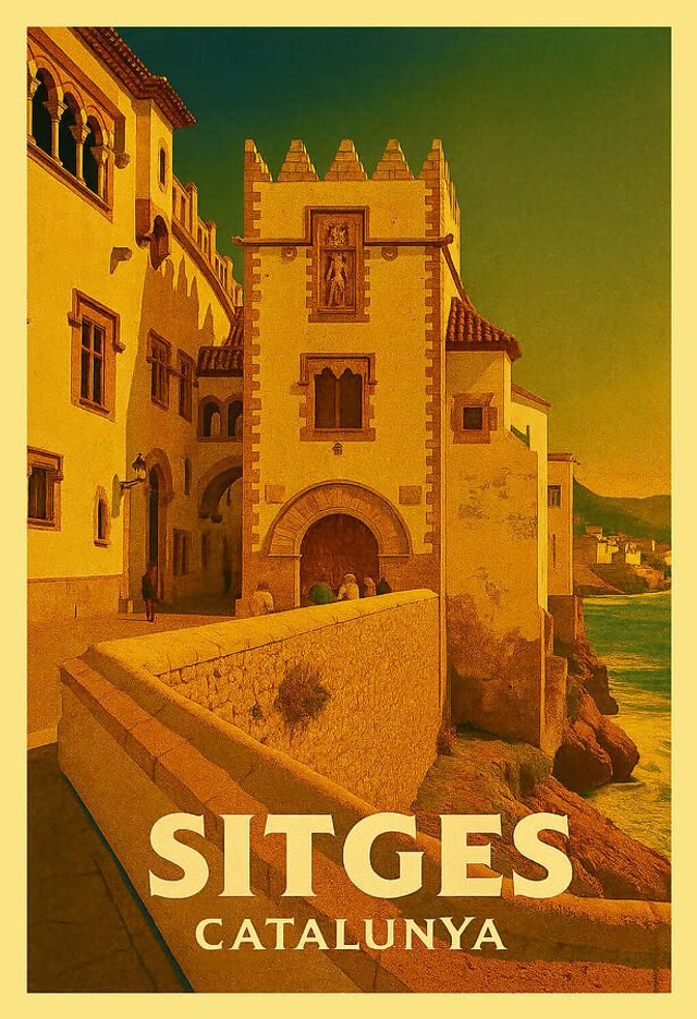 Póster de viaje antiguo de Sitges, Vista costera del Palacio Maricel.