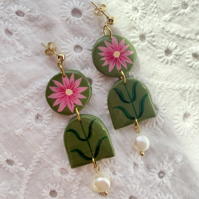 Olive Green Pink Floral Pearl Drop Dangly Earrings