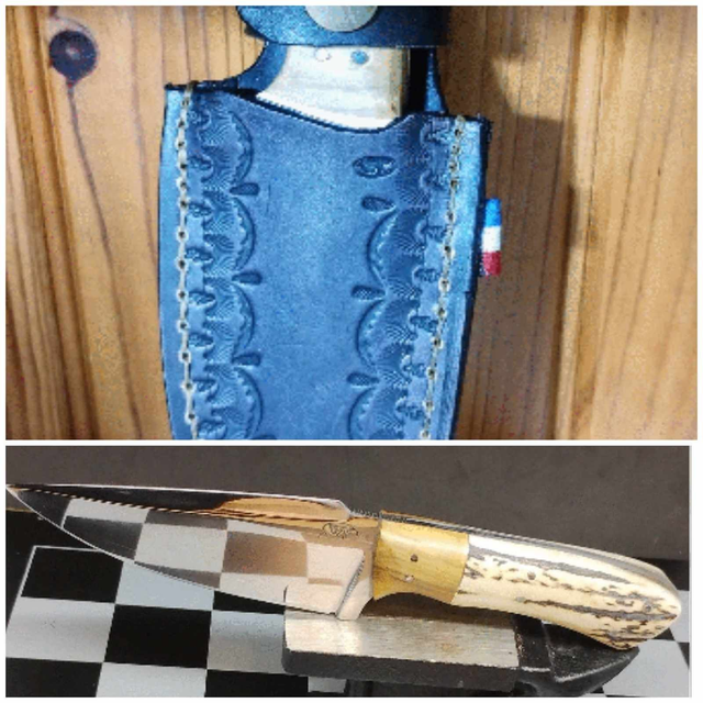 Couteau de chasse en buis et bois de cerf et son étui