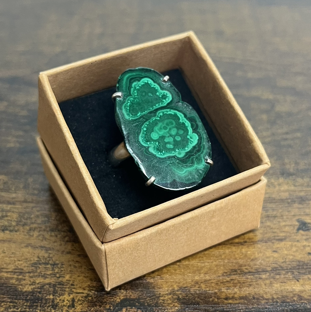 Bague en argent et Tranche de Malachite - Taille 61 réglable 