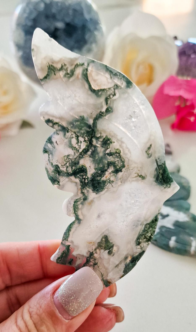 Angel Wings On Stand : Moss Agate