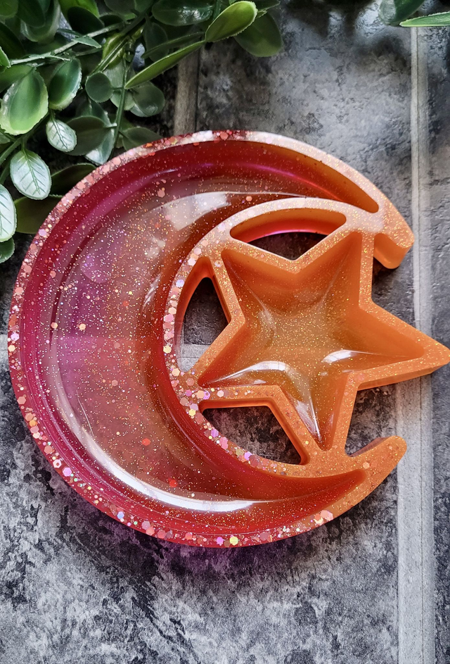 Trinket Tray - Celestial Moon &amp; Star - Pink and Orange Glitter Sunset Tones