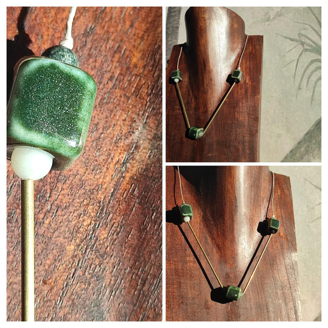 Collier cubes en céramique vert/bronze, pierres naturelles,tiges dorées monté sur fil de lin réglable, pièce unique 