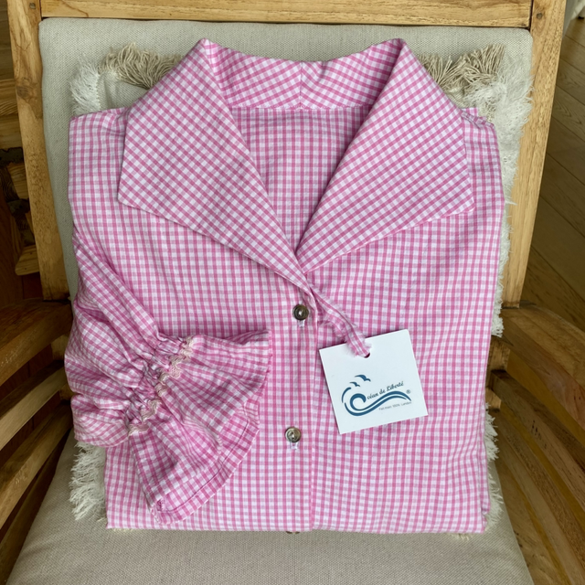 Meryl - Chemise col châle pointu vichy rose M/L
