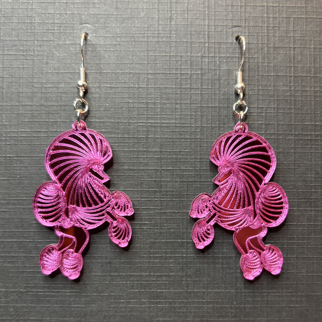 Acrylic - Earrings Poodle Continental Hot Pink Mirror Small