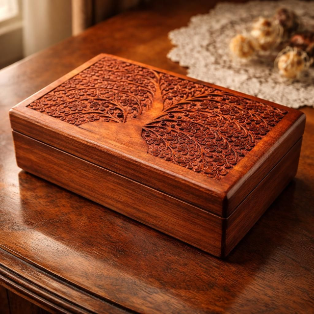 Boîte sculptée "Arbre &amp; feuilles"