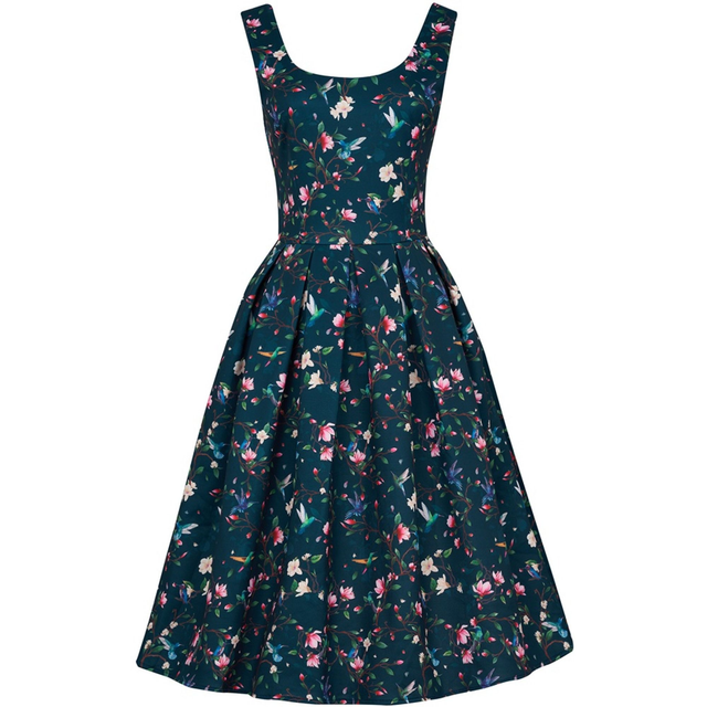 Amanda Swing Dress in Navy Blue Hummingbird Print