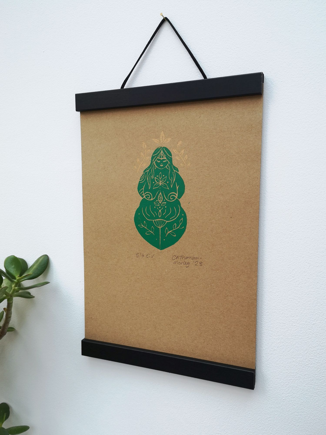Earth Goddess Gaia Lino Print - (Varied Edition of 6 on Green or Brown Recycled Card)