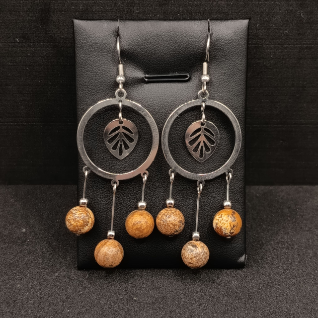 Boucles d’oreilles acier inox &amp; jaspe paysage – Cercle bohème feuille