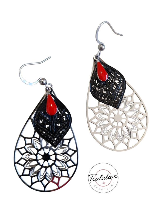 ✨Boucles d'oreilles légères gouttes filigranées argentées et petites gouttes émail rouge✨(170BO)