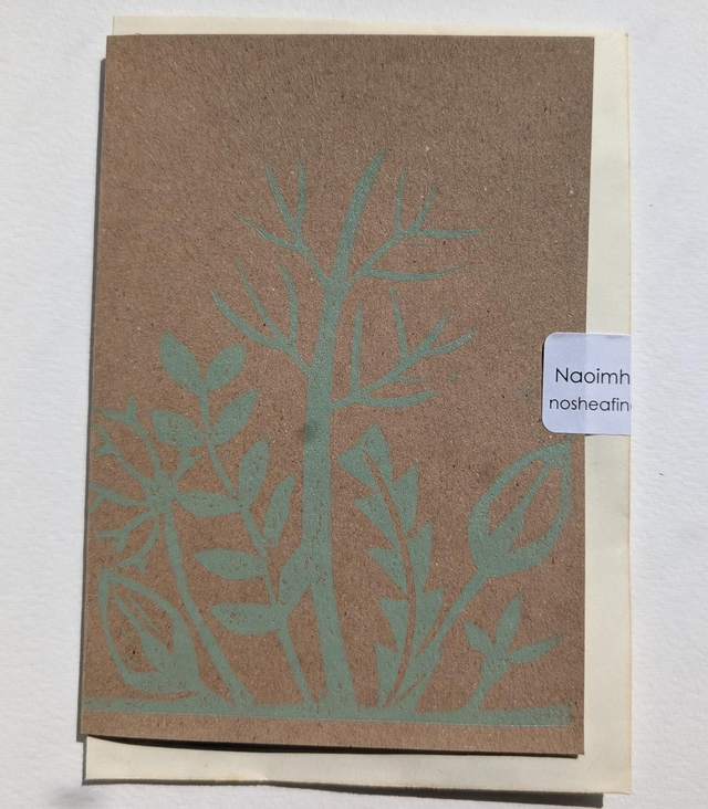 Green on Brown hand print Lino Card