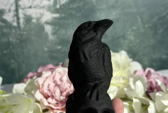 Raven on skull carving